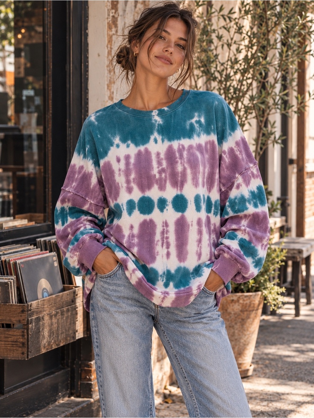 Easel Tie Dye French Terry Sweatshirt S Oversized Teal Purple Crewneck
